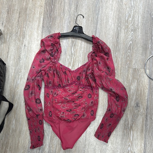 Free People Tops - Free People Red Puff Sleeve Bodysuit